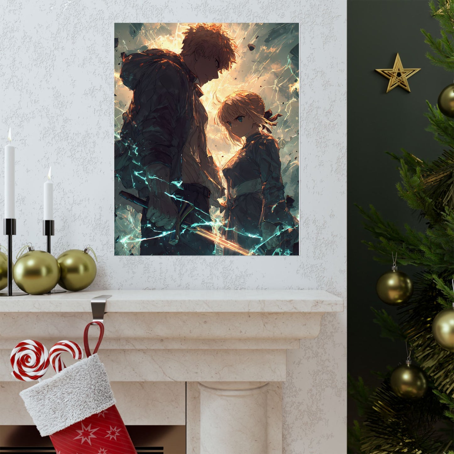 Saber and Emiya Shirou, Fate Stay Night Unlimited Blade Works Matte Vertical Poster Wall Art
